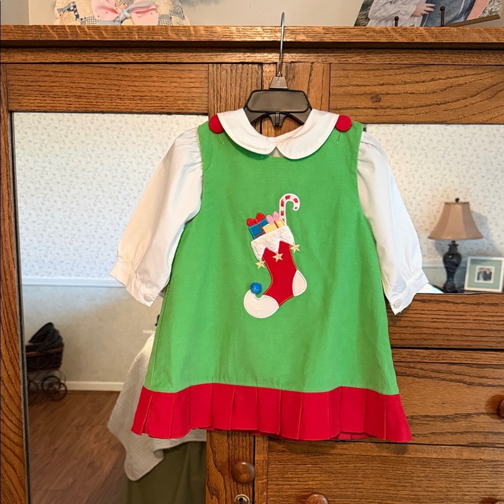 Christmas Dress & White Blouse With Stocking Appliqué